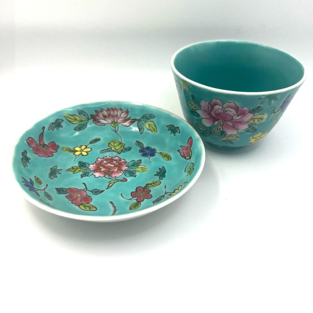 Vintage Japanese Porcelain Small Cup Dish Set Hand Decorated Hong Kong P.C.T.